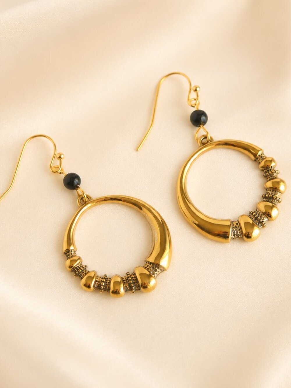 Gold Hoop Earrings With Onyx Detail Stainless Steel Large Dangle